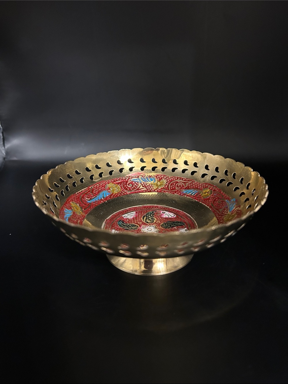Vintage Indian Brass Enameled Reticulated Trinket Bowl Scalloped Pierced Edge
